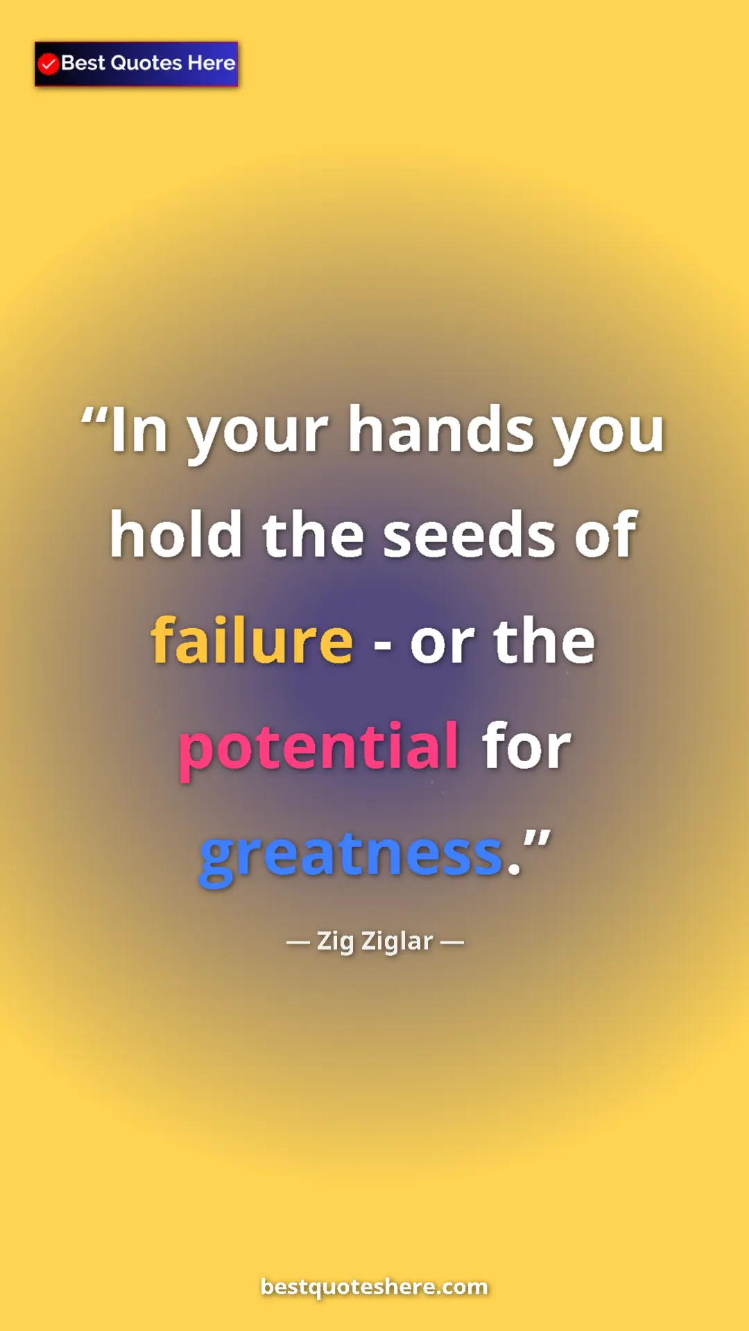 Pinterest quote poster by Zig Ziglar: "In your hands you hold the seeds of failure - or the..."