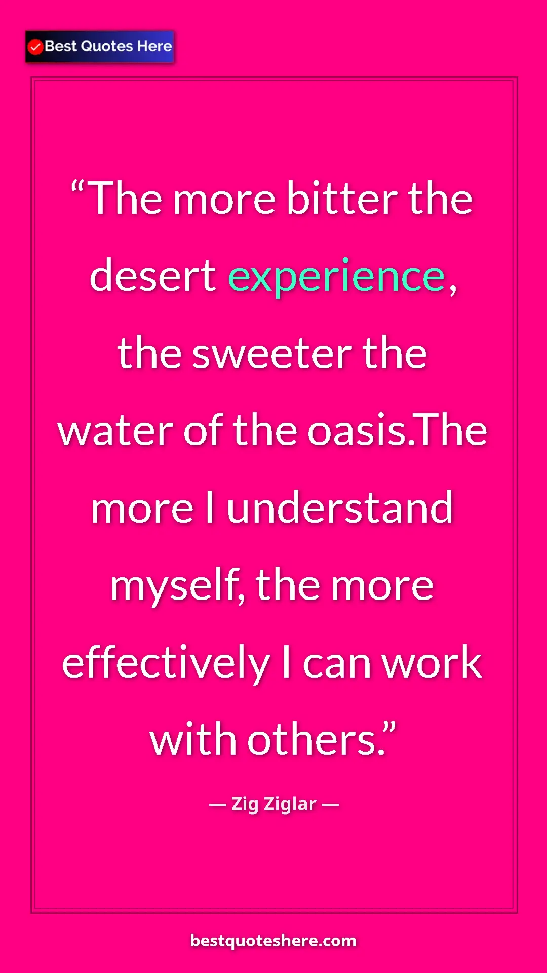 Pinterest quote poster by Zig Ziglar: "The more bitter the desert experience, the sweeter the..."