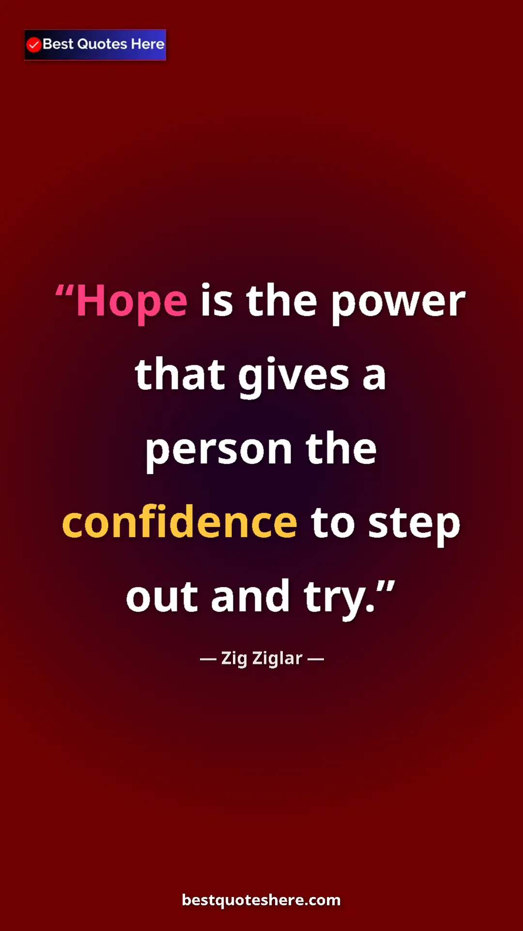 Pinterest quote poster by Zig Ziglar: "Hope is the power that gives a person the confidence to..."