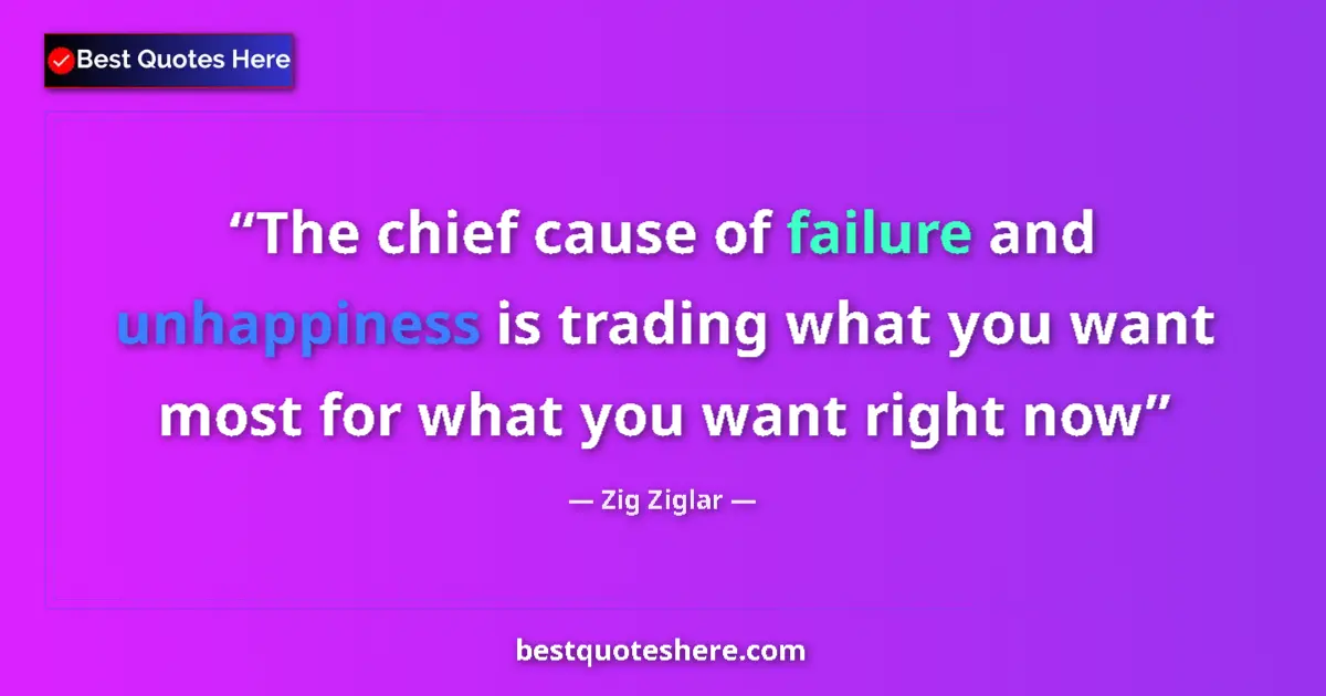 Quote by Zig Ziglar: The chief cause of failure and unhappiness is trading what you want most for what you want right now...