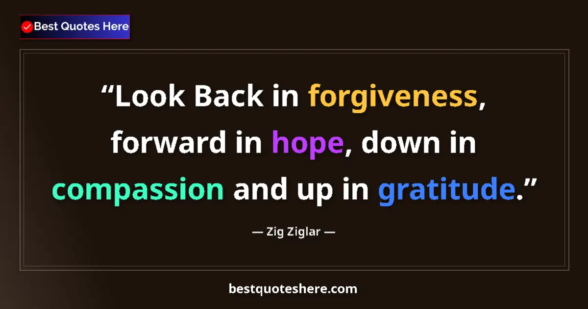 Quote by Zig Ziglar: Look Back in forgiveness, forward in hope, down in
