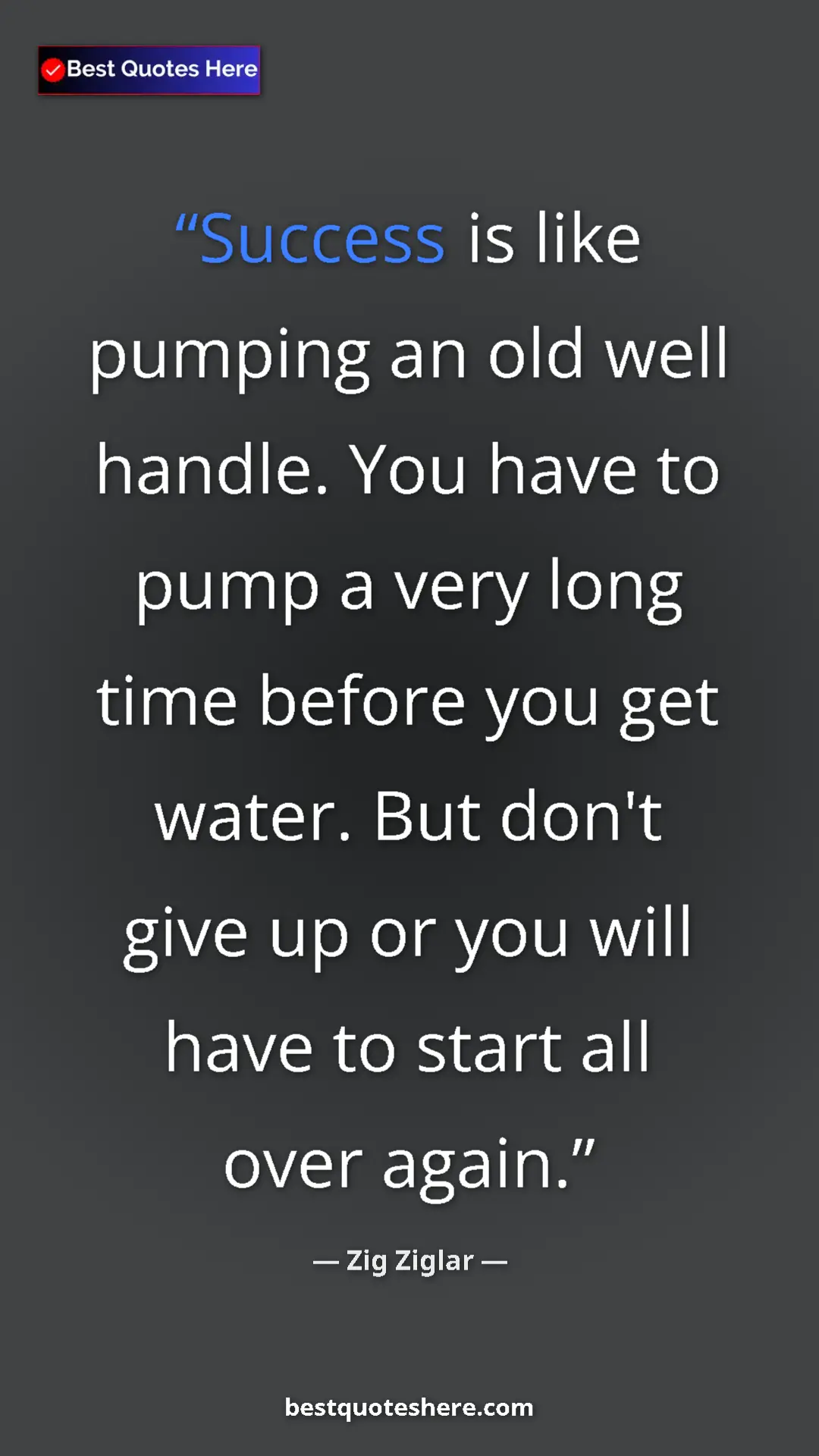 Pinterest quote poster by Zig Ziglar: "Success is like pumping an old well handle. You have to..."