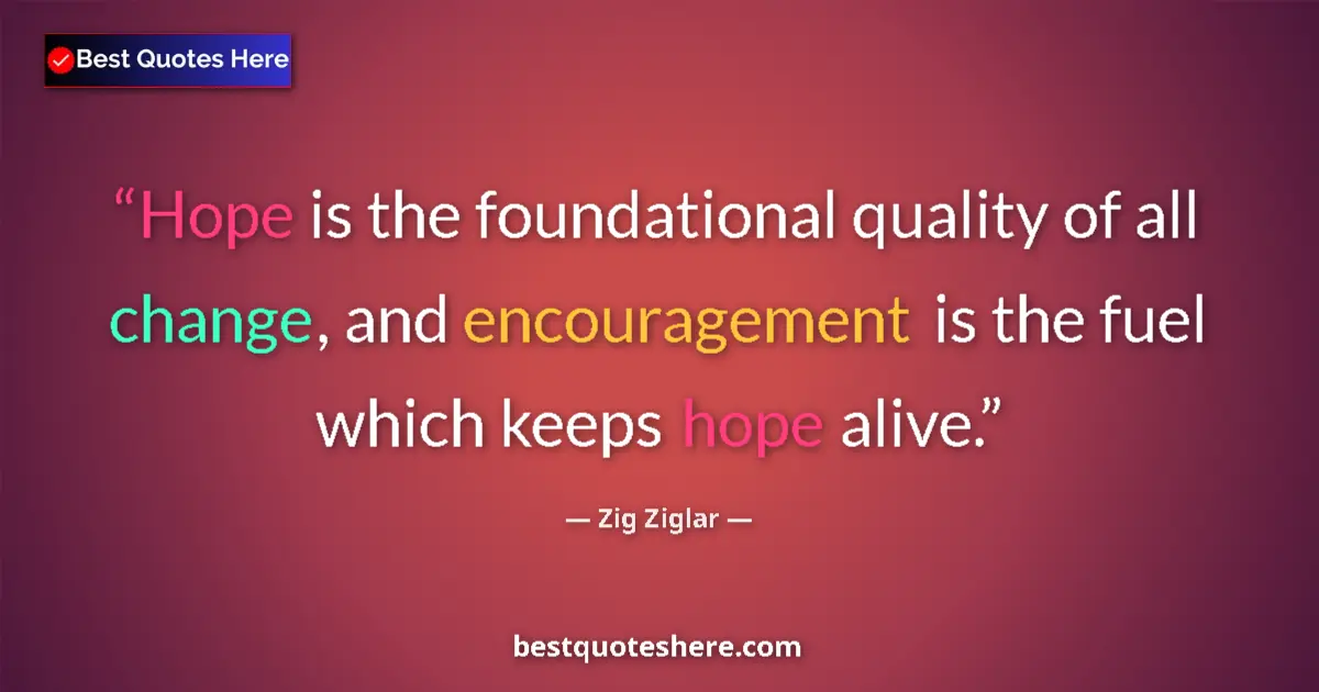Quote by Zig Ziglar: Hope is the foundational quality of all change, an