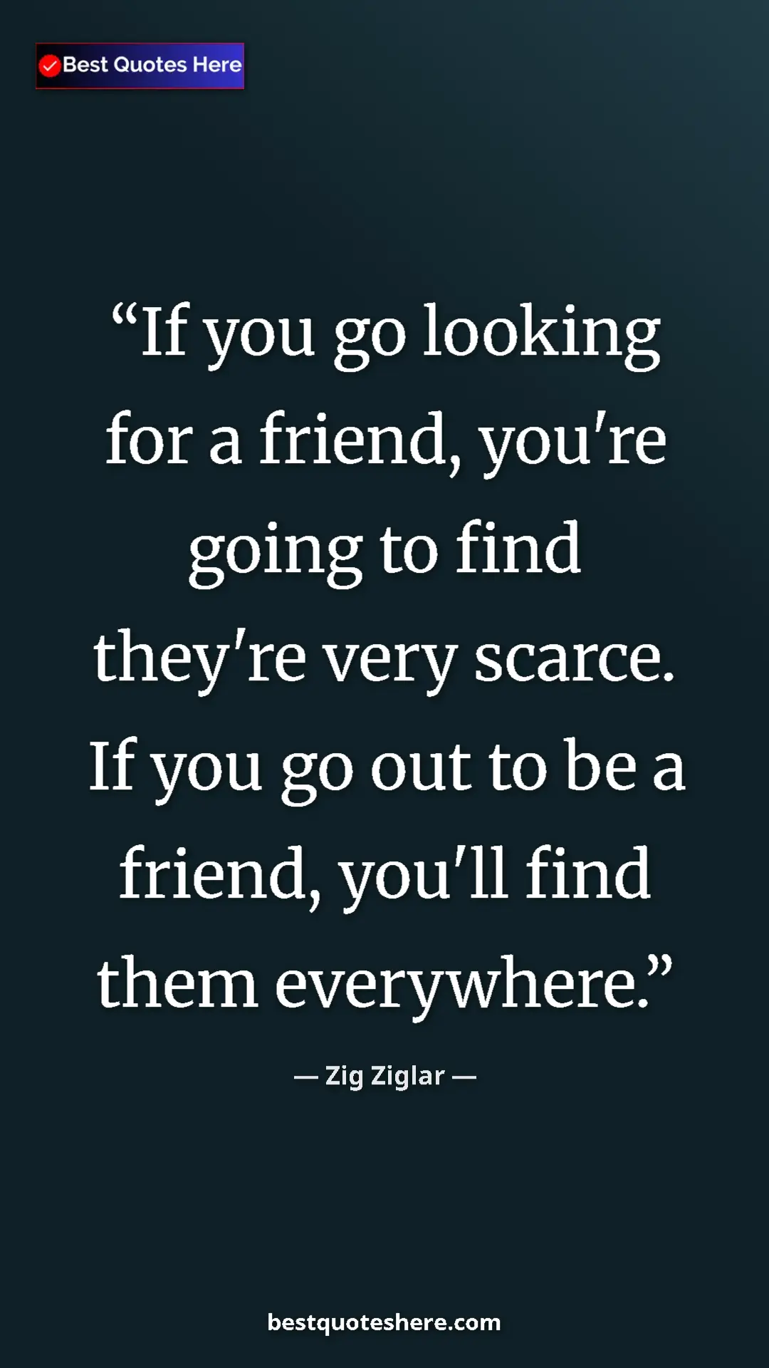 Pinterest quote poster by Zig Ziglar: "If you go looking for a friend, you're going to find..."