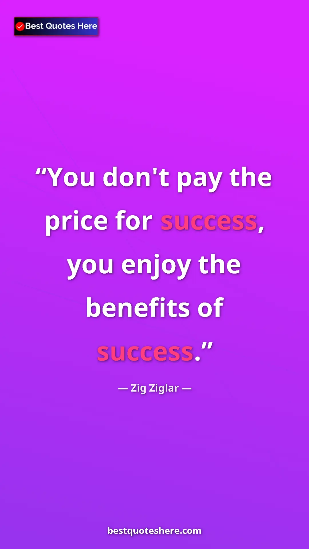 Pinterest quote poster by Zig Ziglar: "You don't pay the price for success, you enjoy the benefits..."