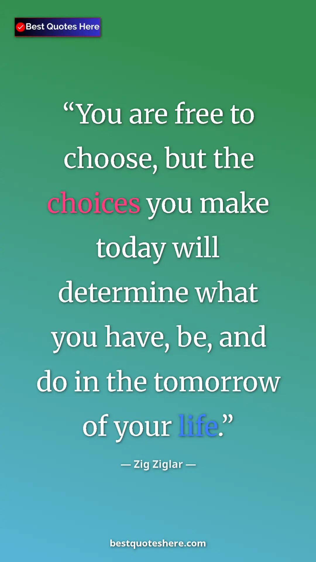 Pinterest quote poster by Zig Ziglar: "You are free to choose, but the choices you make today will..."