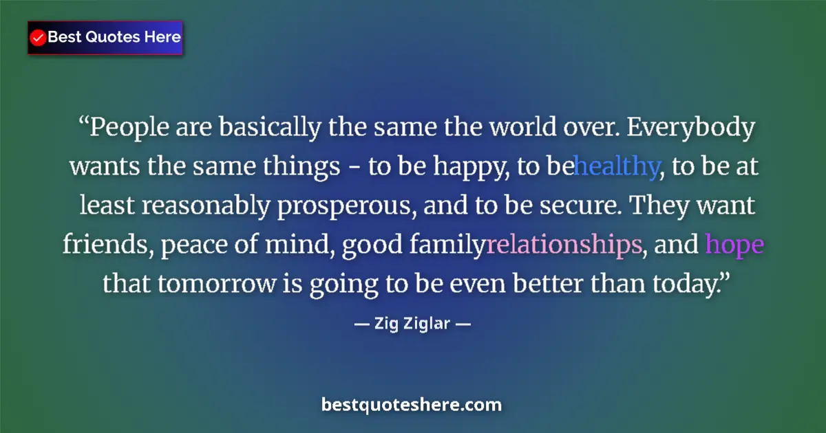 Quote by Zig Ziglar: People are basically the same the world over. Everybody wants the same things - to be happy, to be h...