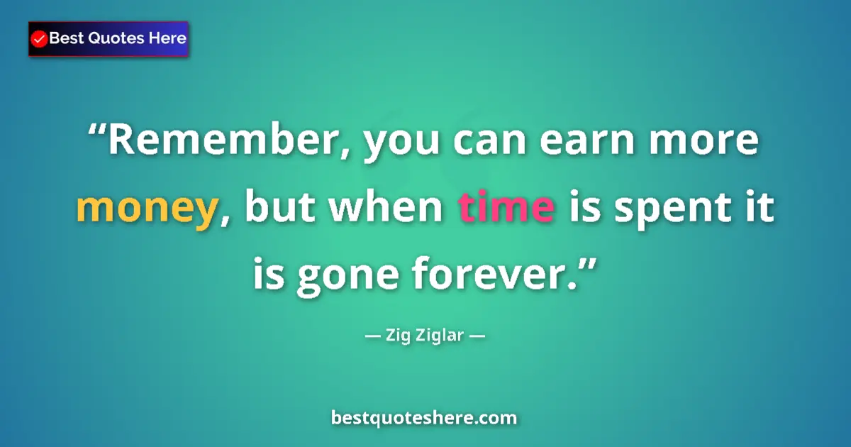 Quote by Zig Ziglar: Remember, you can earn more money, but when time is spent it is gone forever....