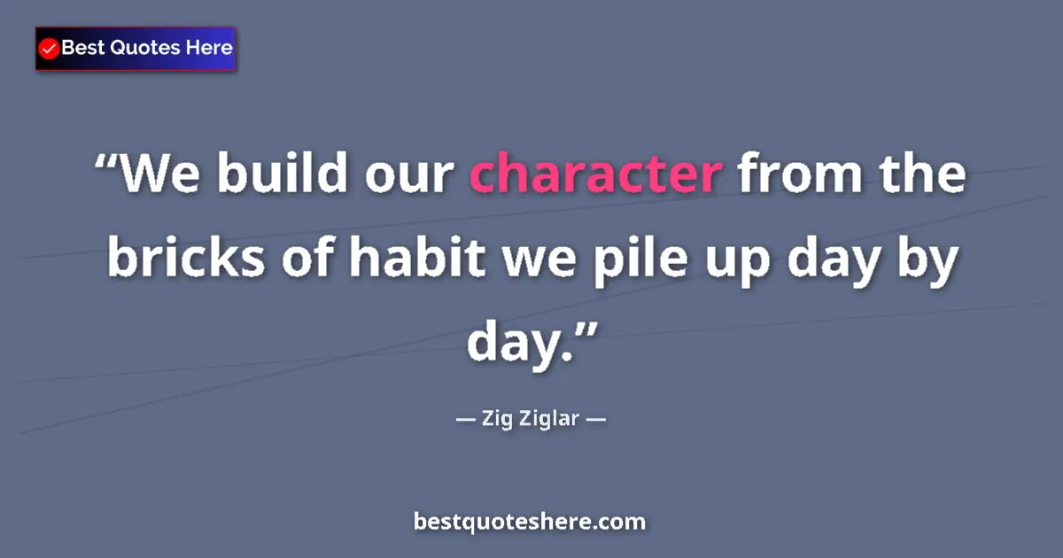 Quote by Zig Ziglar: We build our character from the bricks of habit we pile up day by day....