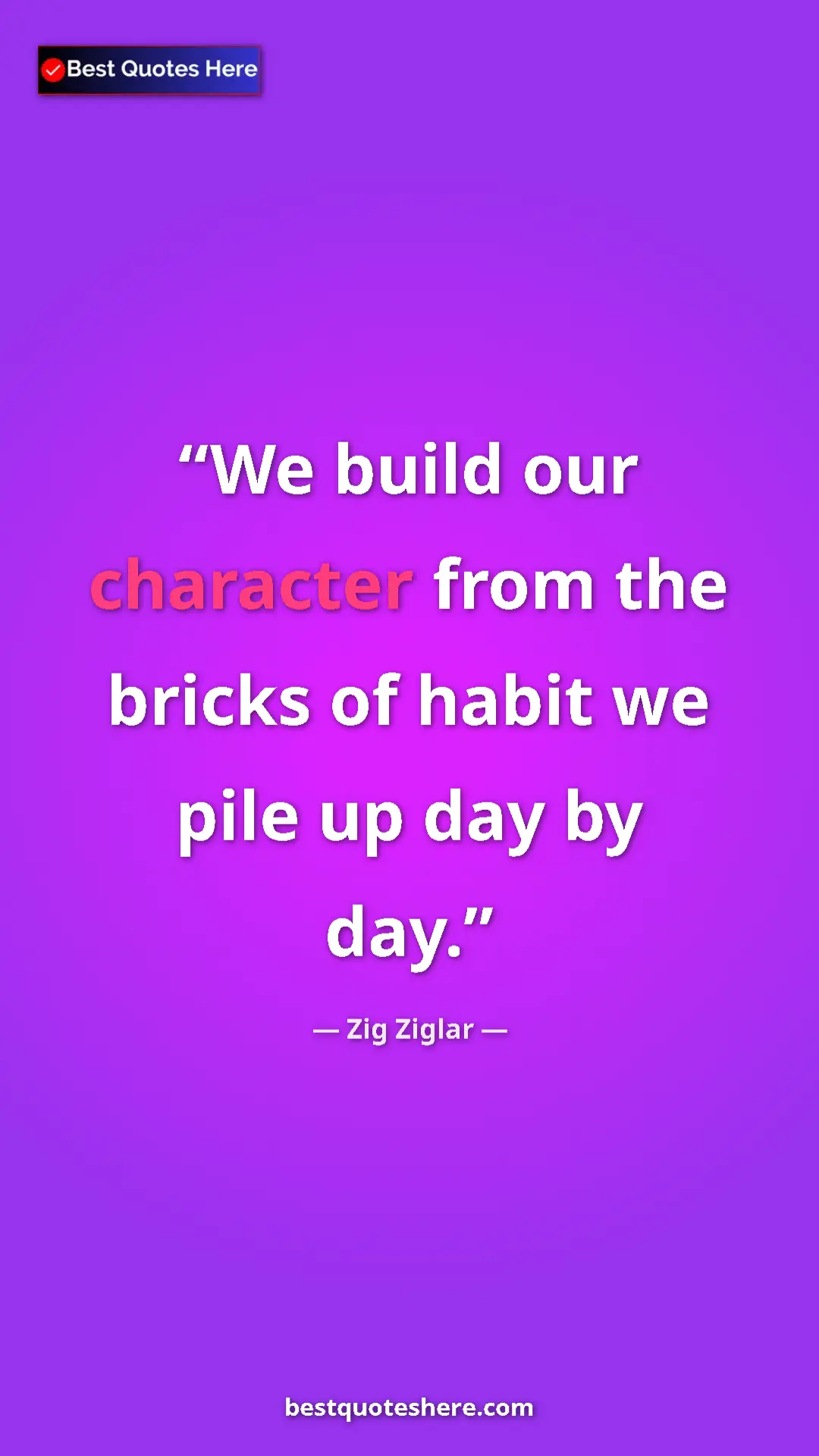 Pinterest quote poster by Zig Ziglar: "We build our character from the bricks of habit we pile up..."