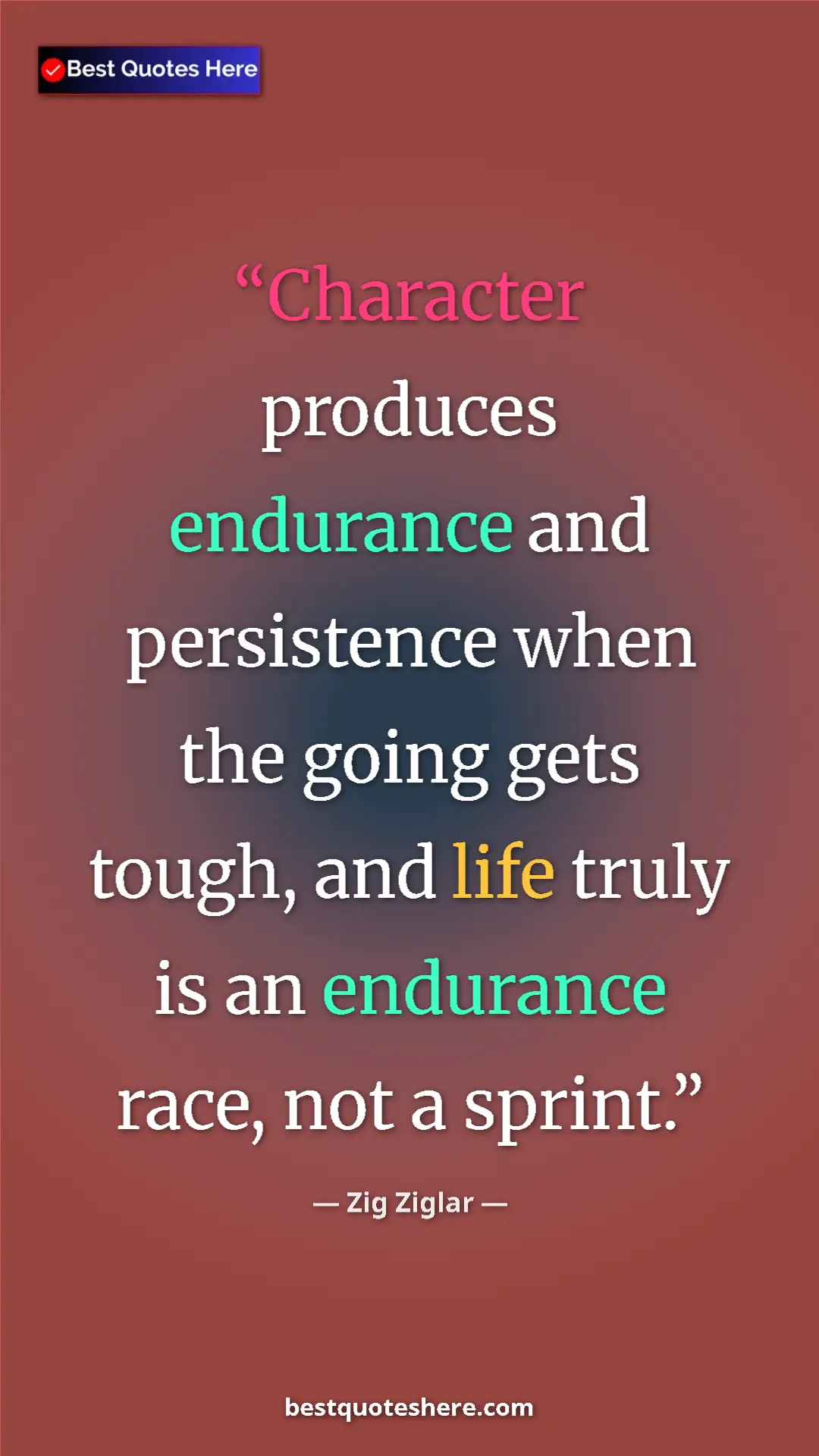 Pinterest quote poster by Zig Ziglar: "Character produces endurance and persistence when the going "